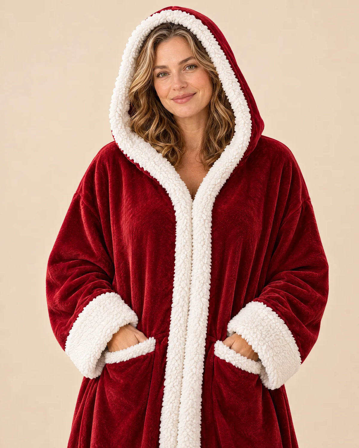 Woman wearing the burgundy hooded wearable heated blanket with white sherpa trim, front view