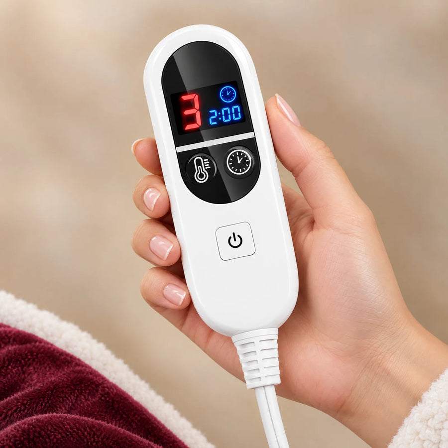 White digital controller with heat level and timer display held in a hand