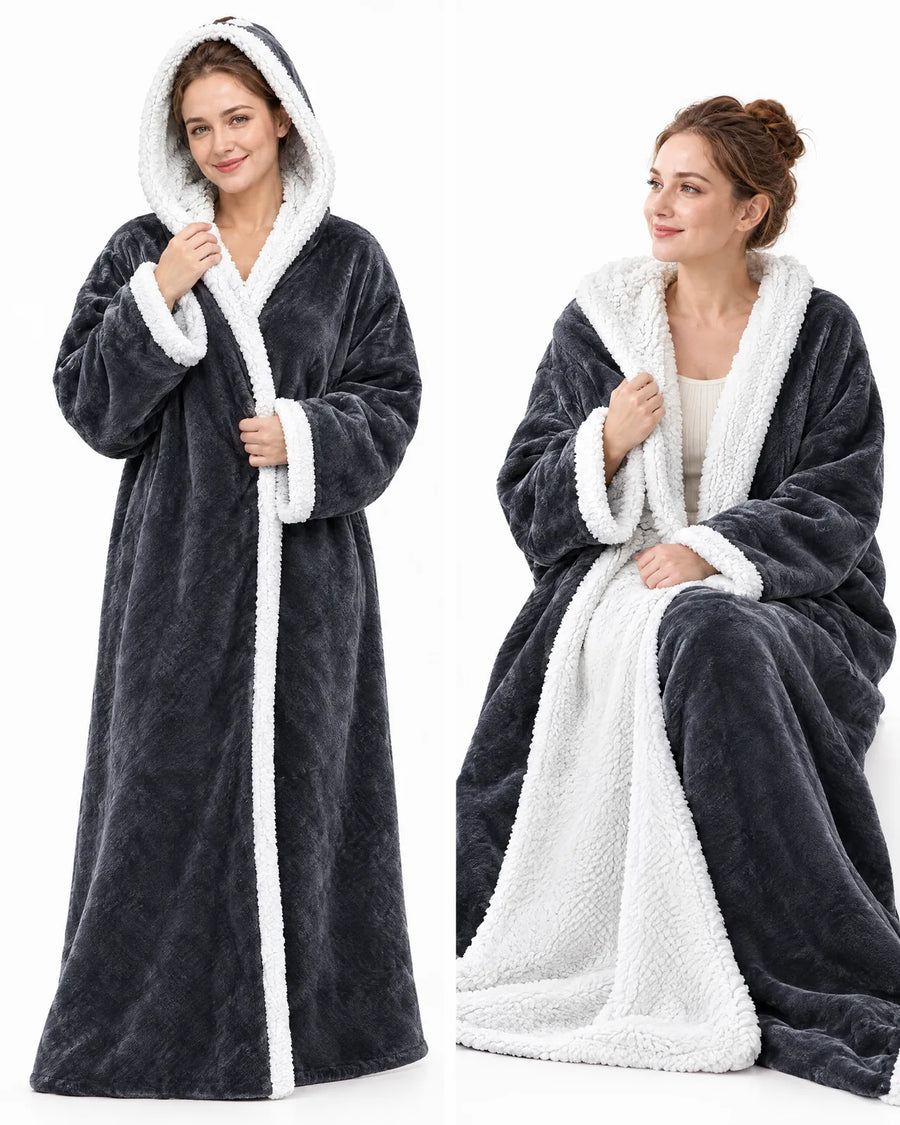 Charcoal hooded heated blanket worn open like a robe and wrapped around the body while seated