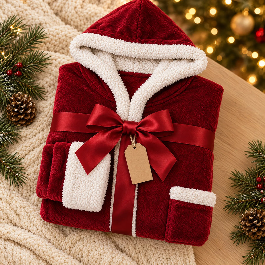 Folded burgundy hooded heated blanket tied with a red ribbon, gift flatlay with pine branches
